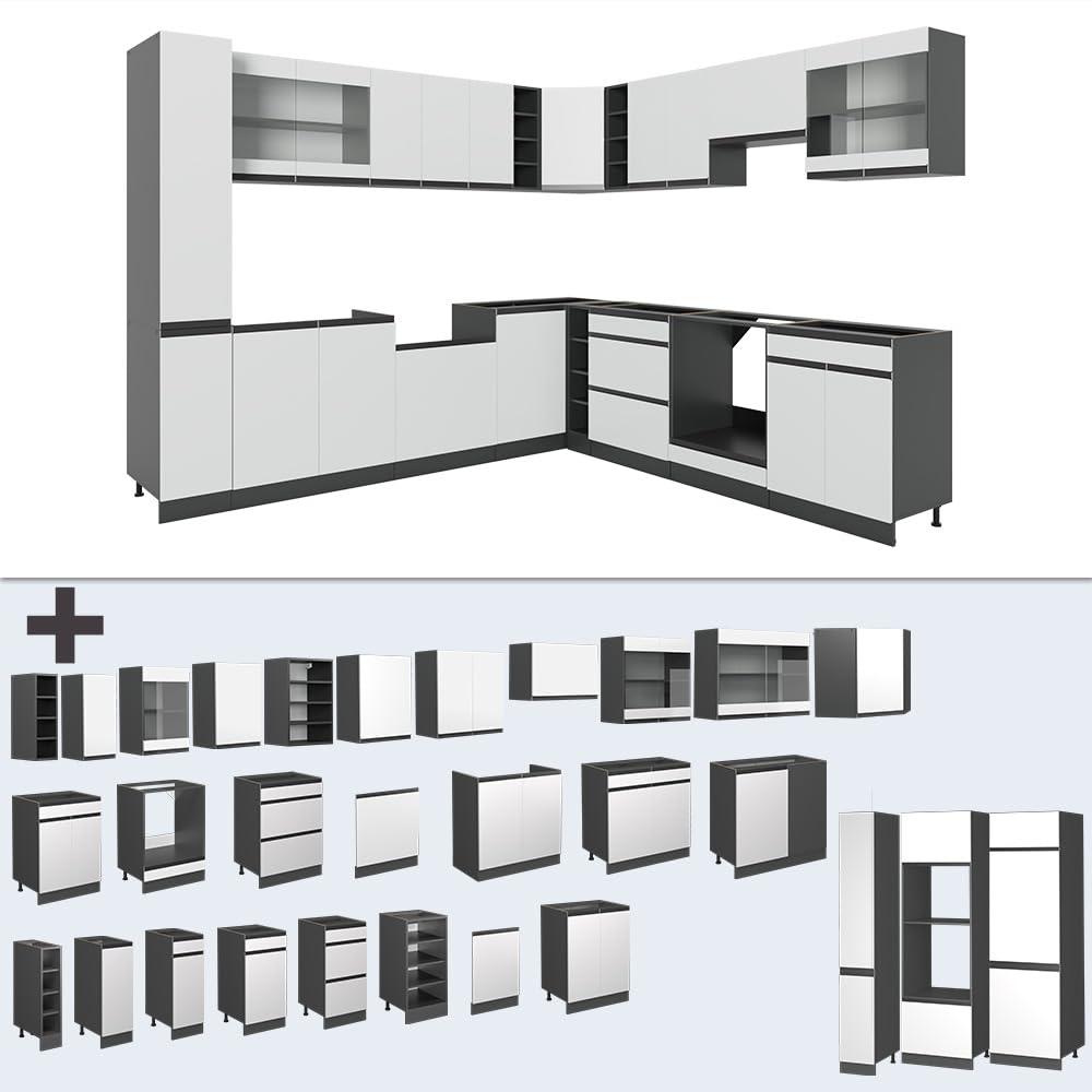 Vicco Eckküche R-Line, Weiß/Anthrazit, 277 x 257 cm J-Shape, AP Anthrazit, zur flexiblen Zusammenstellung und Erweiterung geeignet