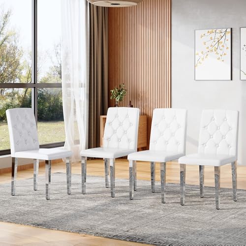 LUMRACLE White Dining Chairs Set of 4,Faux Leather with Chrome Plate Metal Legs,Armless Kitchen Room Chairs Set of 4,Max Load 300 Lbs,High Back Modern Design for Home Kitchen Living Room Bedroom