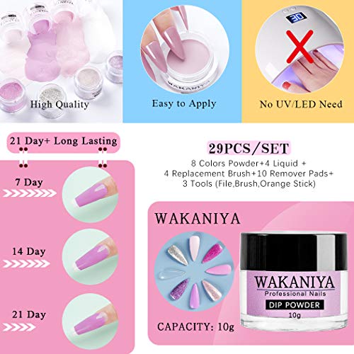 wakaniya Dip Powder Set Starter, 8 Farben Clear Glitter Dip Pulver Nagel Starter Kit mit Base Top Coat, Aktivator Dip… – Bild 7