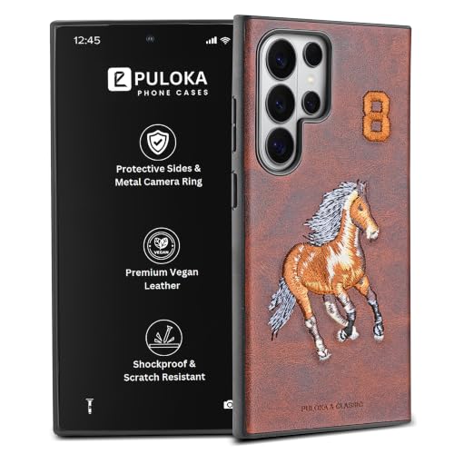 Image of PULOKA - Mobile Cover Compatible for Samsung S26 Ultra - Horse Embroidery - Sleek & Stylish - Protective & Anti Scratch Phone Cover Vegan Leather Back Case - Men & Women - Santa Barbara Polo - Brown
