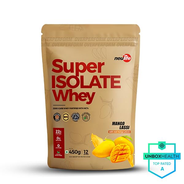 Image of Neulife Super Isolate Whey Protein 450 g | Max Absorption Protein Shake with Patented Ketofuel MCTs | Mango Lassi with Real Fruit