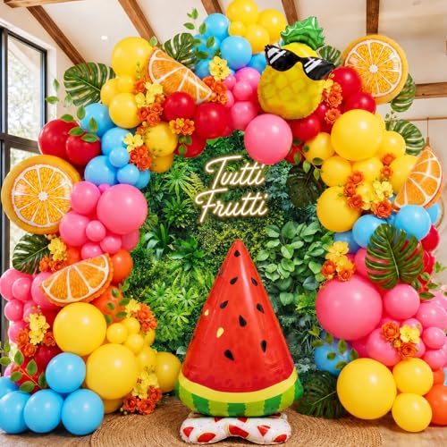 150Pcs Fruit Balloon Garland Arch Kit Summer Tropical Party Decorations with Watermelon Pineapple Orange Foil Balloons for Birthday Pool Party Luau Hawaiian Baby Shower Decorations