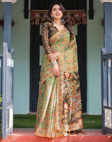 Image of SIRIL Women's Cotton Linen Printed Handloom Saree with Unstitched Blouse Piece