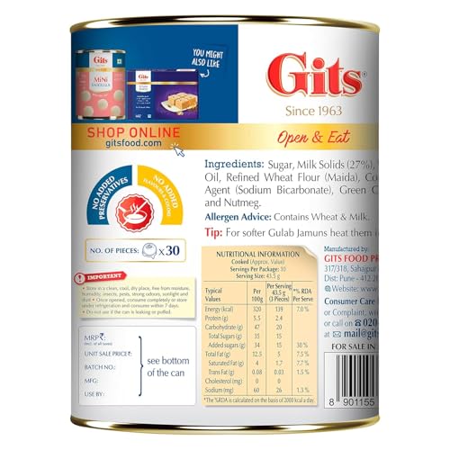 Image of Gits Open & Eat Mini Gulab Jamun, 30 Pieces Per Can, Mouth-Watering Indian Mithai, 1Kg (Pack of 3)