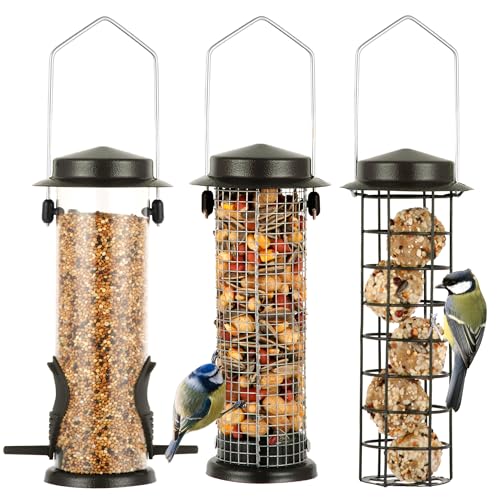 Urban Deco 3er Set Vogelfutterspender zum Aufhängen, Robust Metall Vogelfutterhaus für Vögel, Leicht zu reinigen und nachzufüllen (braun-3pk)