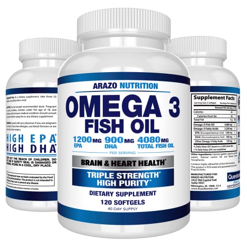 Arazo Nutrition Omega 3 Fish Oil 4,080Mg - High Epa 1200Mg + Dha 900Mg Triple Strength Burpless Softgels (120 Soft Gels) #TOP6