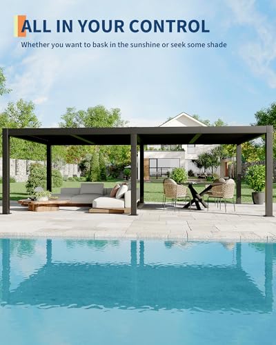 Image of Garveelife All-Aluminum Louvered Pergola 12 ft x 24 ft, Outdoor Pergola with Adjustable Louvered Roof, Reinforced Aluminum Frame, Integrated Drainage System, Hardtop Gazebo for Patio, Deck, Gray