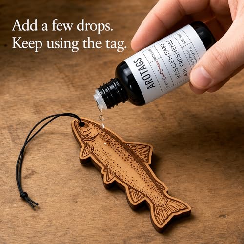 Image of Arotags Trout Car Air Freshener Kit, Cool Breeze Scent, Refillable Wood Hanging Diffuser with 30 mL Fragrance Oil