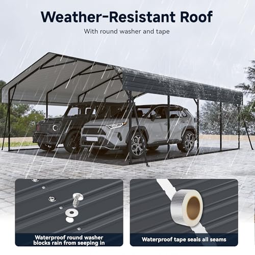 Image of Heavy Duty Metal Carport, 20 x 20FT Outdoor Carport with Galvanized Steel Frame and Roof, Multi-Use Car Shelter for 2 Cars, Pickup, Tractors, Gray