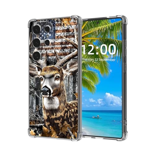 ETLKJVBL for Samsung Galaxy S24 Ultra Case, Camouflage Deer American Flag High-Definition Painted Back Cover with Soft Transparent TPU Bumper, Shockproof Protective for S24 Ultra Phone Case