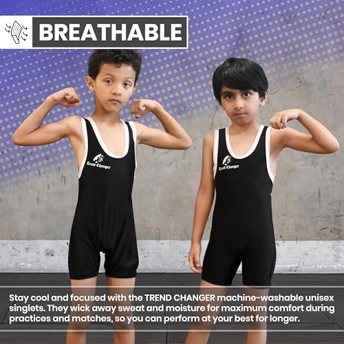 Trend Changer Kids Wrestling Singlet, Unisex, Comfortable, Breathable, Stretchable For Training & Gymnastics (Black/White, Medium (Youth))