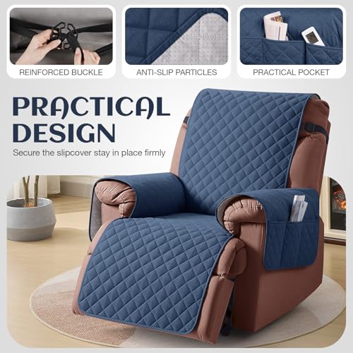 Image of KinCam 100% Waterproof Recliner Chair Cover, Reclining Couch Covers for Pets, Dogs, Recliner Couch Slipcover Furniture Protector with Elastic Straps for Kids(23.6 inch, Blue)