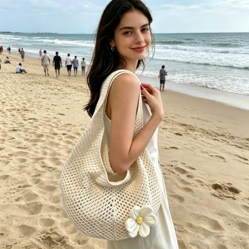 Image of 1pcs Beach Bag Crochet Bags For Women Stylish Mesh Bag, Shoulder Baging foring Everyday Use Collection, with Flower Brooch Summer Vacation Knitted Boho Bags for Women Off White
