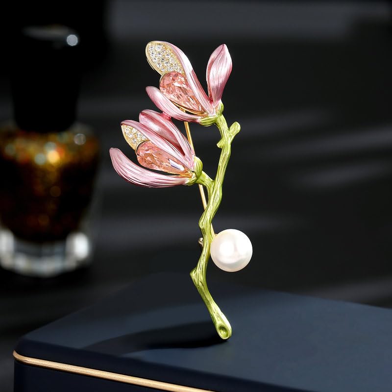 Image of 14K Gold Graceful Vintage Chinese Style Brooch Pin for Women, Freshwater Pearl Magnolia Flower Pink /White Pin, Ideal for Traditional Events, Women's Brooches & Pins