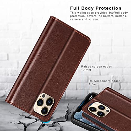 Belemay Compatible With Iphone 13 Pro Wallet Case, Protective Genuine Leather Flip With Rfid Blocking Card Holders [Undetachable Soft Interior Shell] Folio Cover For Men Women (6.1-Inch 2021) Brown #TOP1