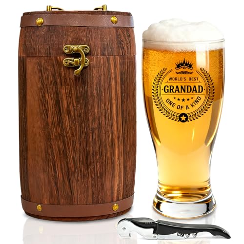 Cvkwe Grandad Gifts - Pint Beer Glass Gifts for Man - Worlds Best Grandfather Beer Glass Barrel Box Set for Retirement Gifts for Men Grandad Presents for Fathers Day/Victory/Birthday/Christmas