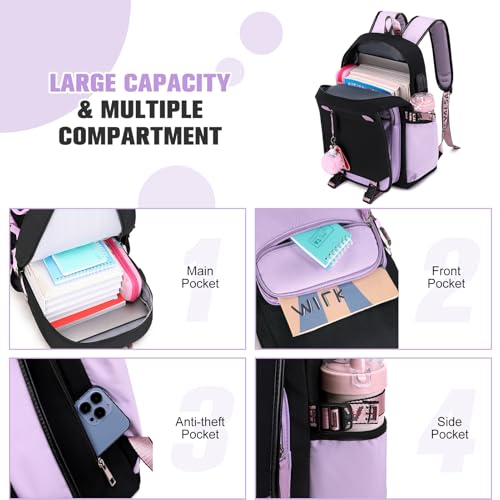 Bevalsa Backpack with Lunch Bag Bookbag Set for Girls Kids Middle High School College Student 21L Casual Daypack Children Schoolbag Bookbag with USB Charging Port (Purple)3
