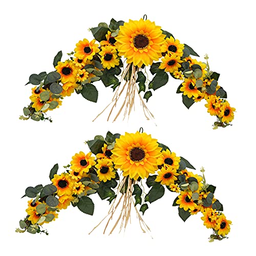 2Pcs Artificial Sunflower Swags 23.6″ Rustic Silk Front Door Swag Handmade Decorative Floral Swag with Greenery Leaves for Wedding Arch Table Home Office Party Backdrop Decor