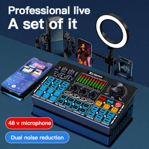 Image of 48V Phantom Power Professional Sound Card & Audio Mixer for Live Streaming & Home Recording Studio with BT, 4 Voice Change Modes, DeNoise, 2 Condenser Mic Inputs, PC Outputs.