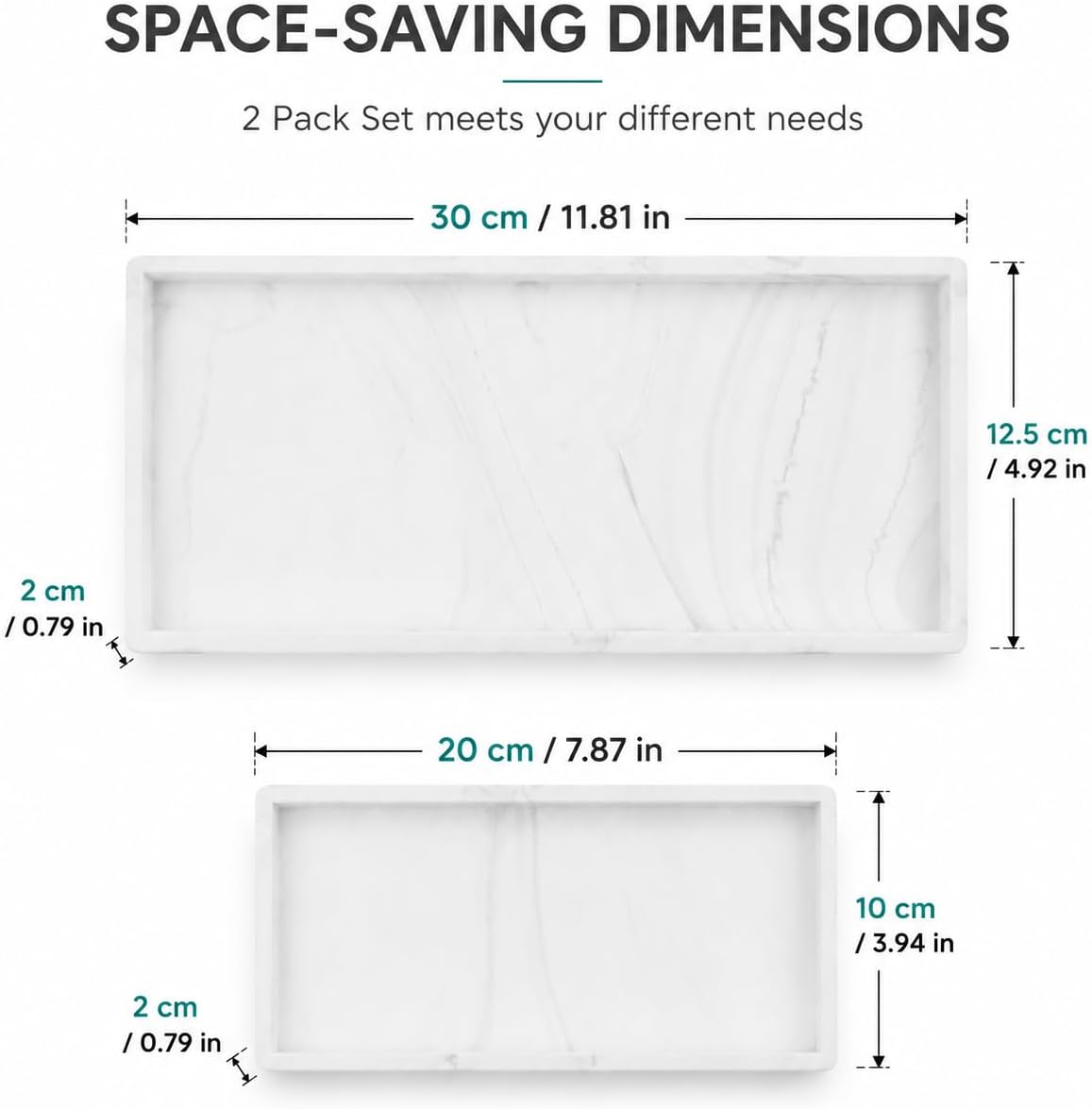 Operitacx 2 Pcs Silicone Vanity Tray Set (Small & Large), White Marble- Waterproof Bathroom Organizer & Kitchen Sink Caddy Sponge Holder for Dish Soap, Perfume, Countertop Decor