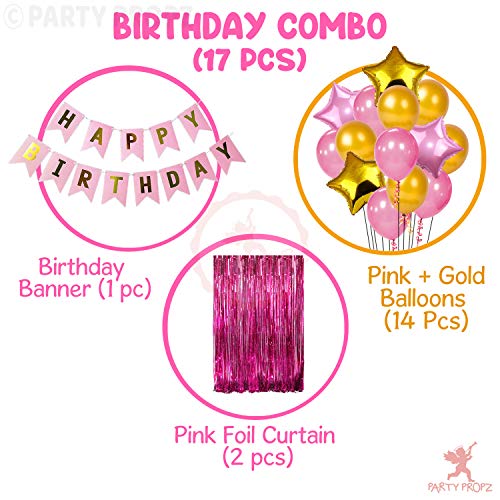 Image of Party Propz 17Pcs Happy Birthday Foil Curtain, Banner (cardstock) and Balloons Decoration Items Combo for Birthday Supplies for Girls, Wife Pink
