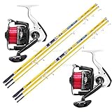 Caña de pescar ideal para surfcasting con punta híbrida y tubular tratada con pintura fluorescente para una mayor visibilidad nocturna. Barril fabricado en carbono de alto módulo y montado con anillos SEA GUIDE serie G y portacarrete DPS Longitud caña Surfcasting tres piezas 4.20 - Acción 80-200 gr