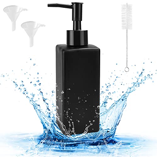 REFORUNG Dispenser di Sapone in Vetro Nero Opaco 350ml Dispenser Shampoo per Doccia con 2 Imbuti e 1 Spazzola per Pulizia per Casa, Ufficio, Scuola, Hotel, Bagno, Cucina e Lavanderia