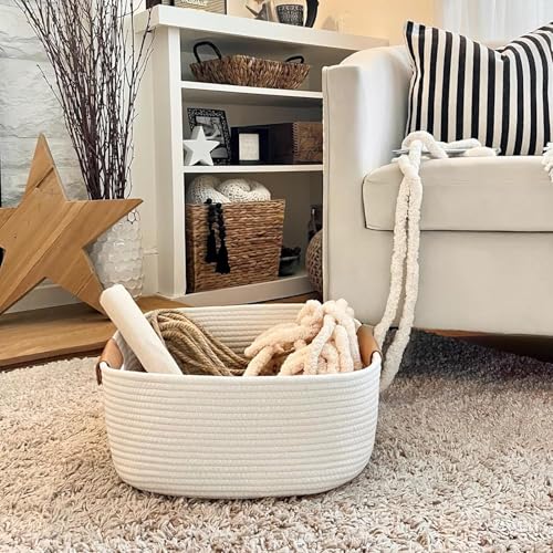 Image of ☆LBY Rectangle Cotton Rope Woven Basket with Handles for Books, Magazines, Toys - Ideal Gift Decorative Basket for Baby Nursery, Living Room (white, medium 12 x 8 x 5 inch)