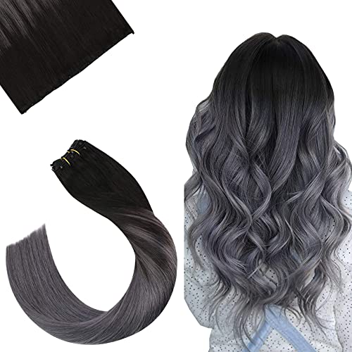 Ugeat 14inch Micro Bead Weft Hair Extensions Balayage Off Black Ombre to Silver 50Gram 10Inch Width EZE Weft Thick End Micro Bead Human Hair Extensions