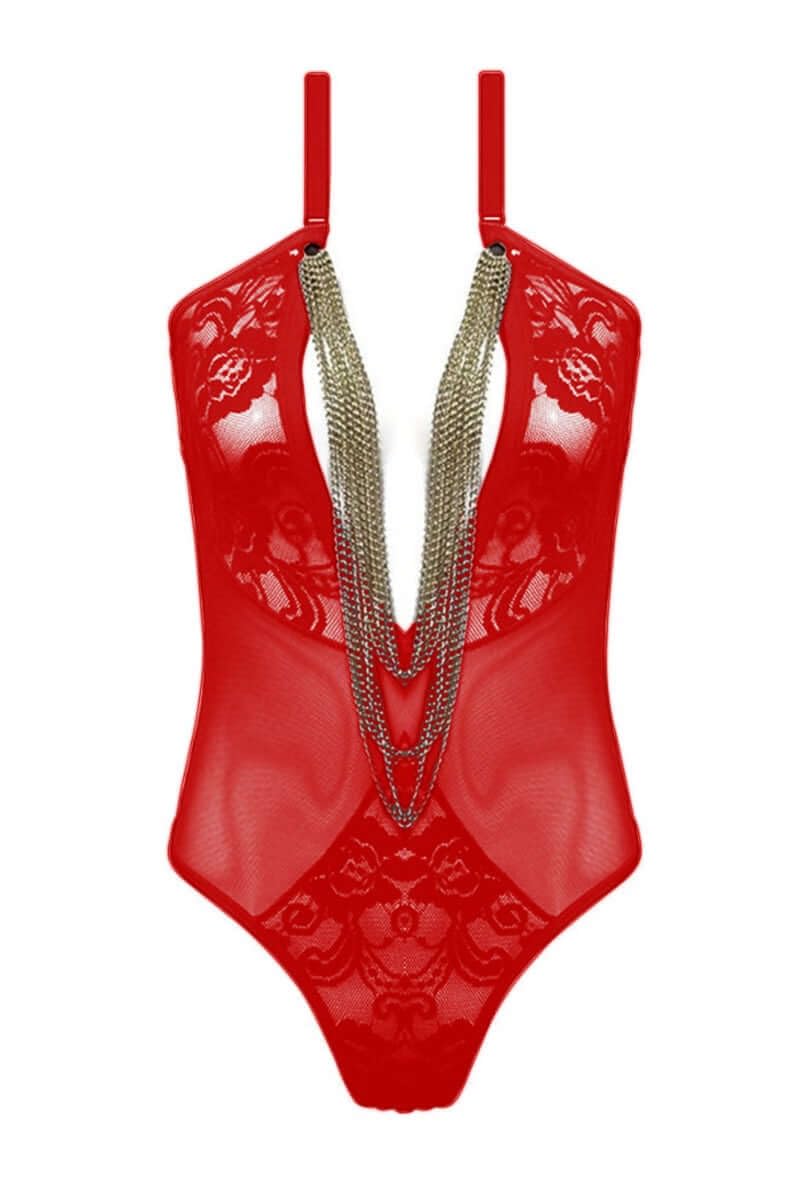 Red Floral Lace Mesh Bodysuit with Layered Chains-image-27