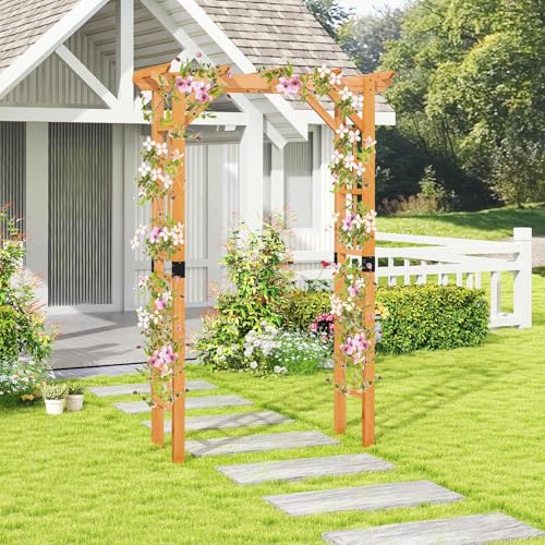 Pérgola para jardín de madera natural resistente con soporte estructural de celosía 6