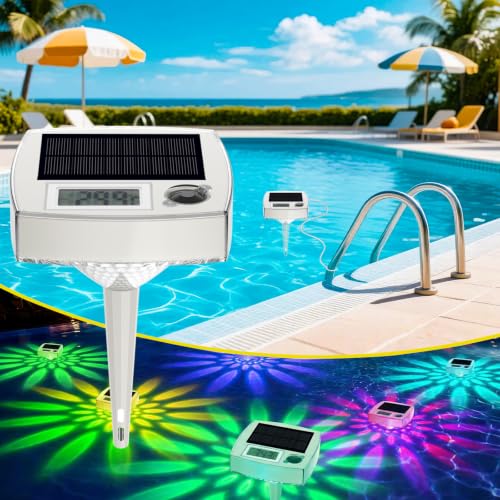Termometro Digitale Solare Galleggiante per Piscina con Luce Notturna RGB - Termometro per Piscina Impermeabile IP68 con Sensori Giorno/Notte Automatici, 8 Modalità Luce e Controllo Manuale