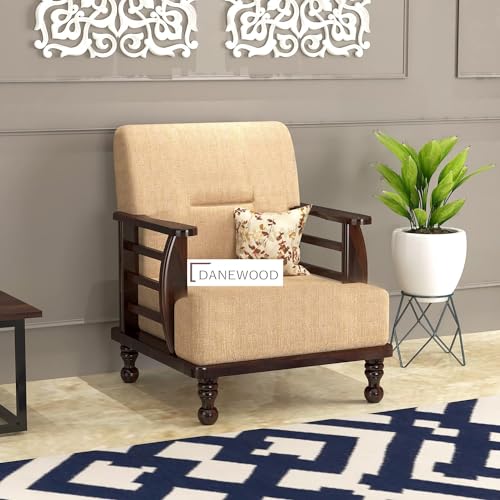 DaneWood - 1 Seater Sofa Arm Chair | Solid Sheesham Wood, Beige Cushion, Brown Finish