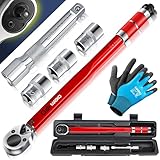 MASKO® Drehmomentschlüssel 6tlg. Set 40-210Nm 1/2' CV inkl. 3 Stecknüsse 17mm 19mm 21mm & Verlängerung 125mm Montagehandschuhe Koffer +/- 4% Toleranz Reifenschlüssel Auto Drehmoment-Schlüssel, Rot