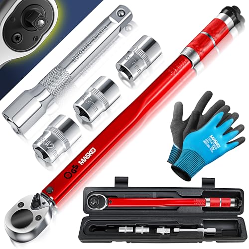 MASKO® Drehmomentschlüssel 6tlg. Set 40-210Nm 1/2' CV inkl. 3 Stecknüsse 17mm 19mm 21mm & Verlängerung 125mm Montagehandschuhe Koffer +/- 4% Toleranz Reifenschlüssel Auto Drehmoment-Schlüssel, Rot