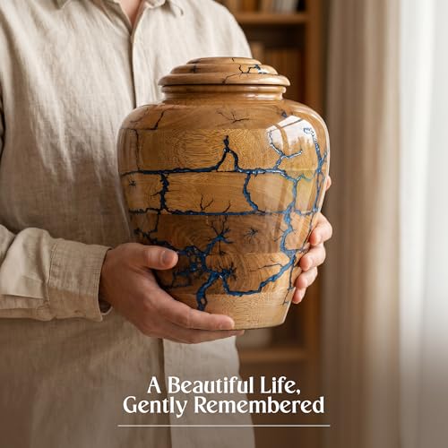 Image of Extra Large Wooden Cremation Urns for Human Ashes - 280 Cubic Inches Funeral Memorial Urn for Adult Women & Men - Blue Decorative, Burial Urn for Male or Female Memorial Display