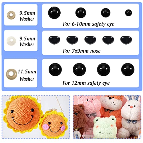 TOAOB 250 Pieces 6 to 12 mm Plush Animal Dolls Safety Eyes in Black Plastic with 250 Washers for Craft DIY Puppet Making - Image 4