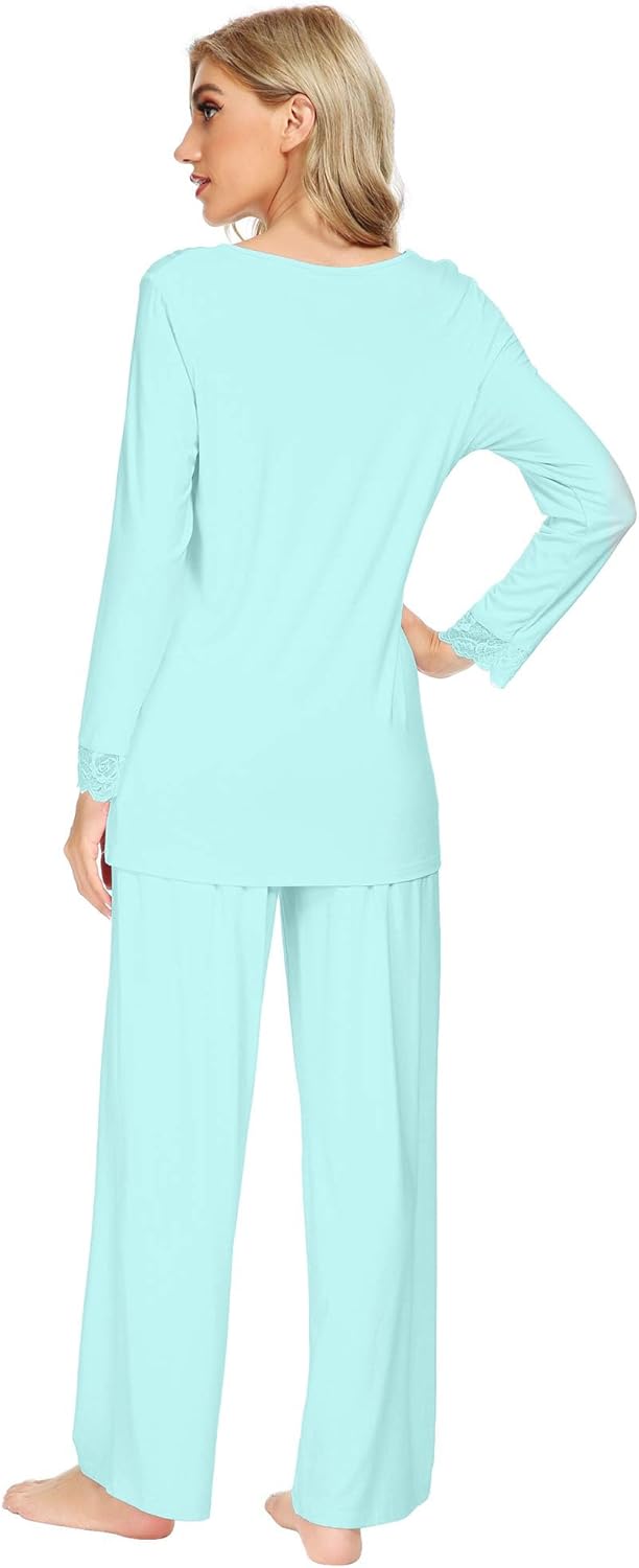 WiWi Bamboo Viscose Pajamas Sets for Women Lace Trim Long Sleeve Sleepwear Lounge Sets Plus Size Pjs with pockets S-4X - Image 2