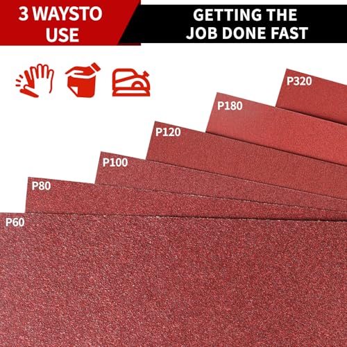 PMIQSA 24 Stück Schleifpapier Set, 23 x 9 cm Sandpapier, Körnung 60/80/100/120/180/320, für Grob- und Feinschliff Auto Metall Holz Lack Wände Glas Schleifen Finishing, (93 x 230mm) Schmirgelpapier