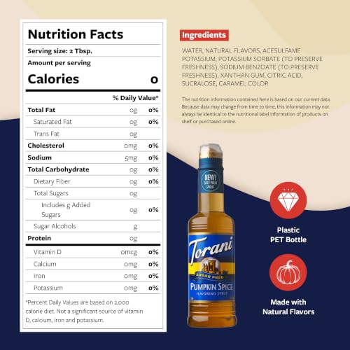 Torani Sugar Free Pumpkin Spice Syrup, Mini Pump Included, 12.7 Fl Oz | Add Sweet, Guilt-Free Flavor to Café-Style Drinks, Coffee Bar Essentials - image 2