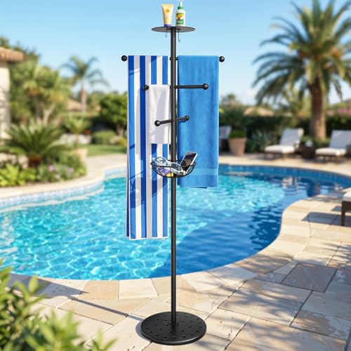 Luxspire Pool Towel Rack Outdoor 6 Bars Outdoor Pool Towel Holder 63 inch Heavy Duty Pool Accessories Outdoor Towel Rack with Tray and Hooks Storage for Beach Hot Tub Bathroom Backyard Black