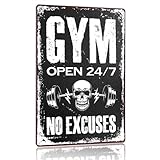 Vintage Gym Motivational Metal Decor Sign for Home Workout Fitness Room Gym Wall Art Decorations, Gym Coach Lover Gifts for Women Man Trainer Exercise Lover, Open 24/7 No Excuses, 12 X 8 Inches
