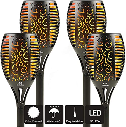 infinitoo Solar Torch Lights, 96 Led Waterproof Dancing Flickering Flame Solar Lights, 3 Ways Installation, Dusk to Dawn Auto On/Off, Landscape Decoration Lighting for Garden Patio Pathway (4 Pack)