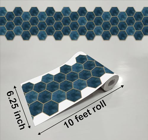 Image of WallDesign Teal Blue Hexagon Self-Adhesive Tile Stickers For Cupboard, Panel, Cabinet, Furniture, Table, Glass, Wall - 6.25 Inches X 10 Ft Border