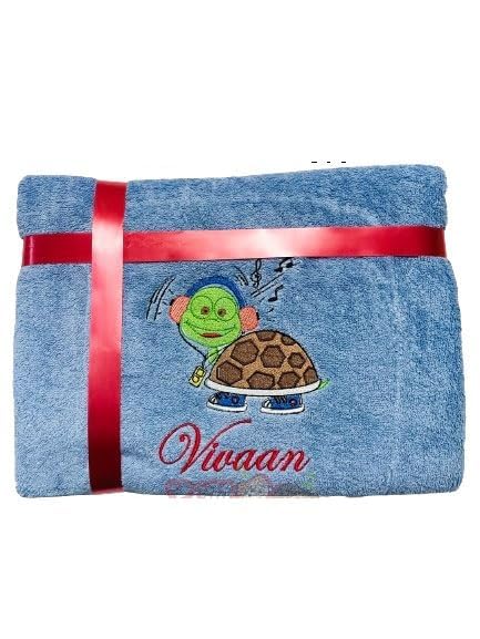 Li'll Pumpkins™ Turtle Theme Personalized 100% Cotton Bath Towel with Name, 500 GSM (Set of 1, Sky Blue)