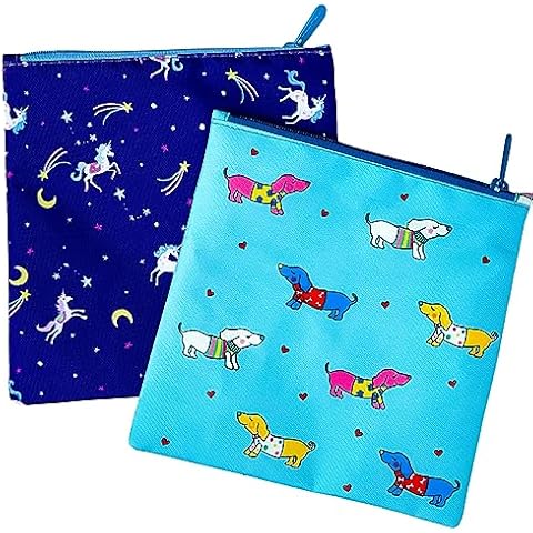 Yumbox Reusable Fabric Sandwich and Snack Bags (Set of 2 Unicorns and Cute Dog prints) for toddlers and kids' lunches. Zip Closure, Wide Opening, Washable, Food Safe, BPA Free, large 8x8 in. Cover
