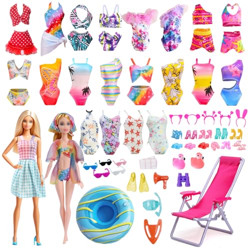 Ensemble de 32 maillots de bain de plage pour poupée, 5 maillots de bain bikini, 1 jupe colorée, veste de gaze colorée, anneau de natation, chaise de plage,...