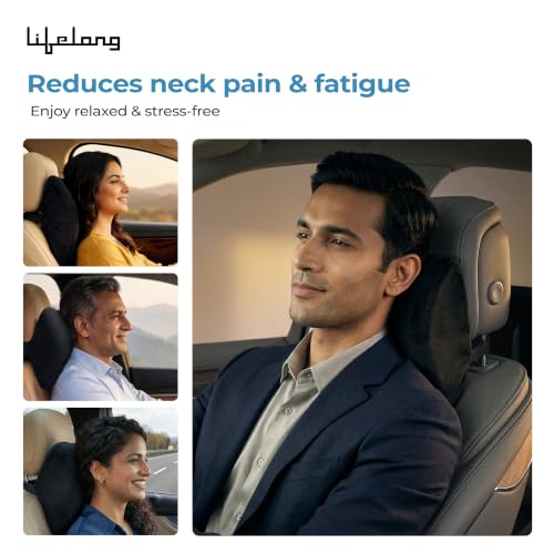 Image of Lifelong Car Neck Pillow for Driving | 100% Memory Foam Headrest Cushion, Cervical Neck Pain Relief | Ergonomic Support, Adjustable Strap, Breathable Washable Cover & Universal Car Fit (LLNR01)
