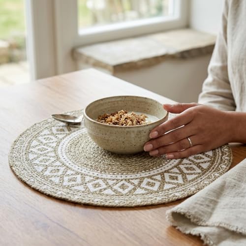 Image of Round Braided Dining Table Mat | Brown Mandala Woven Placemats | Heat Resistant Washable Cotton Blend Table Place Mats for Kitchen & Boho Decor | 15 Inch | Set of 4
