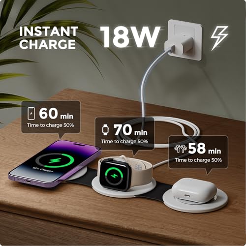 Image of Hicober 3 in 1 Charging Station for Apple Multiple Devices, Foldable Travel Wireless Charger 18W for iPhone Air 17 16 15 14 13 Pro Max Plus &Apple Watch Series /Airpods Black&White